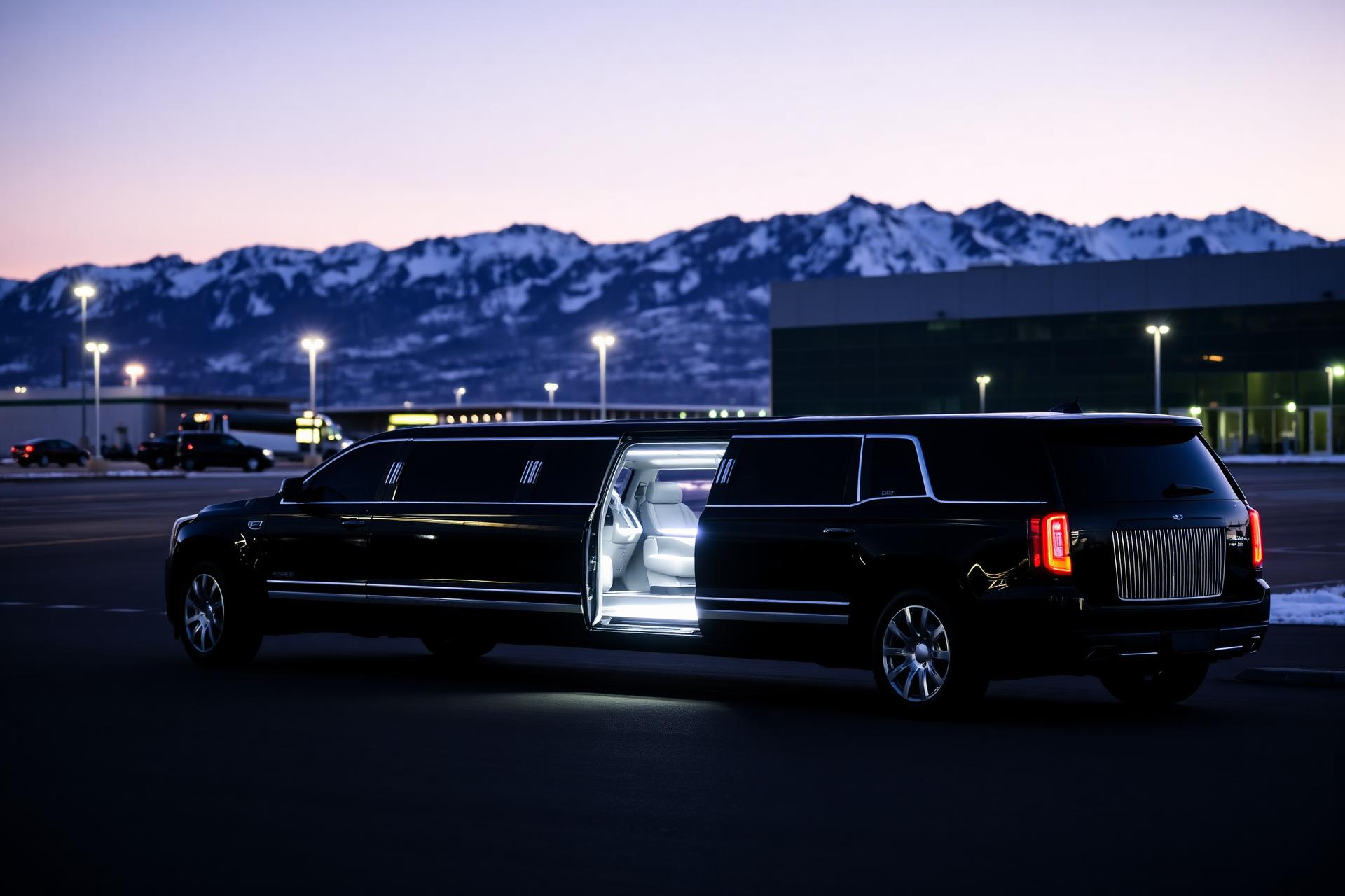 Black luxury limousine at Denver International Airport with Rocky Mountains at dusk